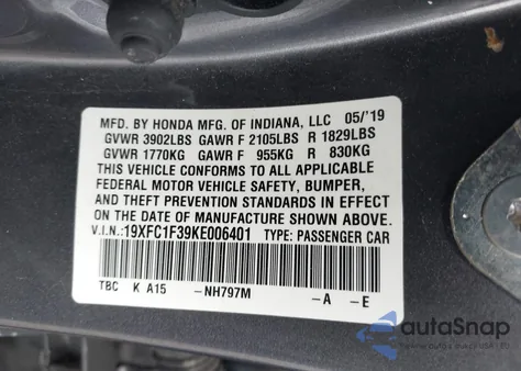 2019 Honda Civic Ex z USA, uszkodzony, nr VIN 19XFC1F39KE006401